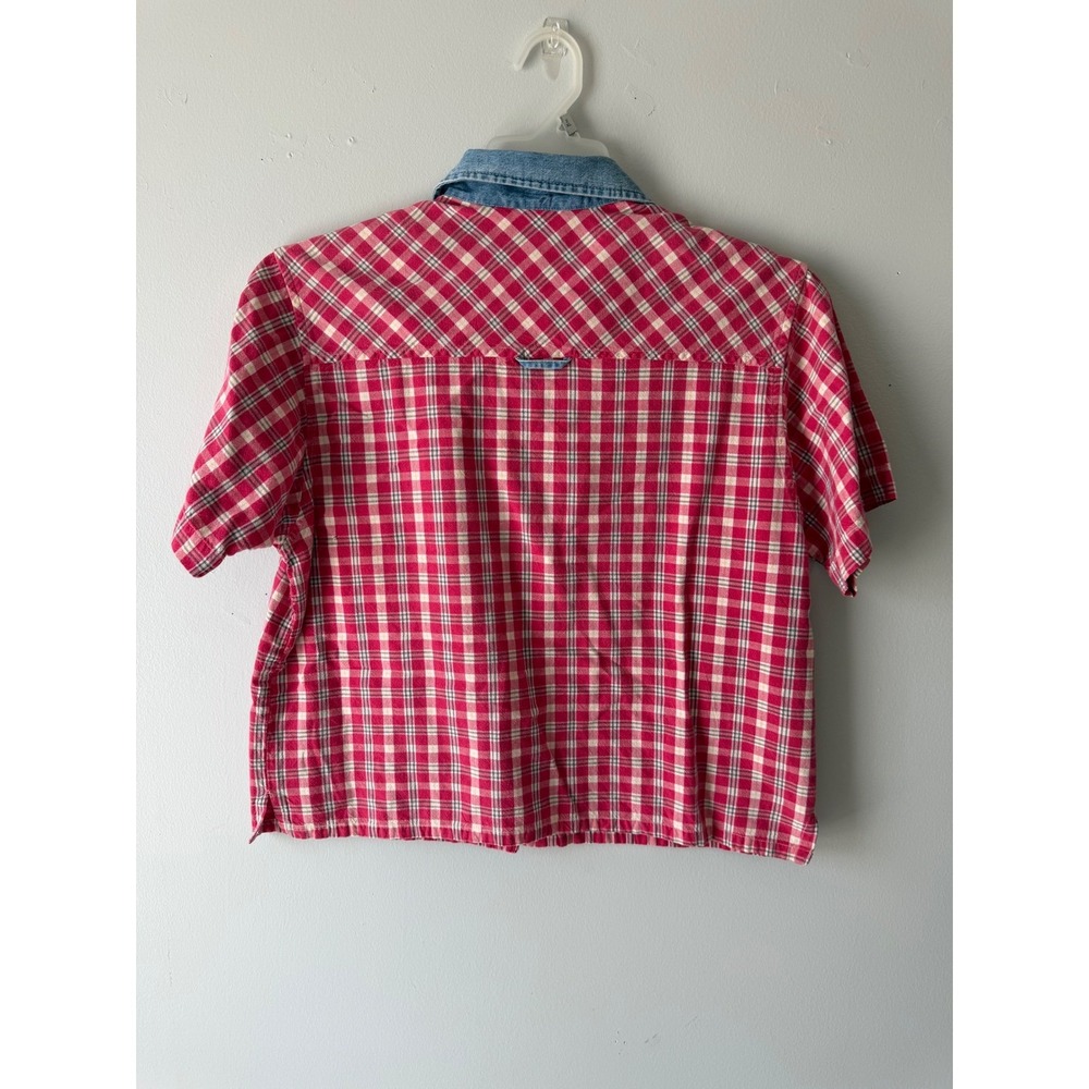Krazy Kat Vintage Plaid Embroidered Floral Button Up Shirt Denim Collar Red L - Picture 8 of 8